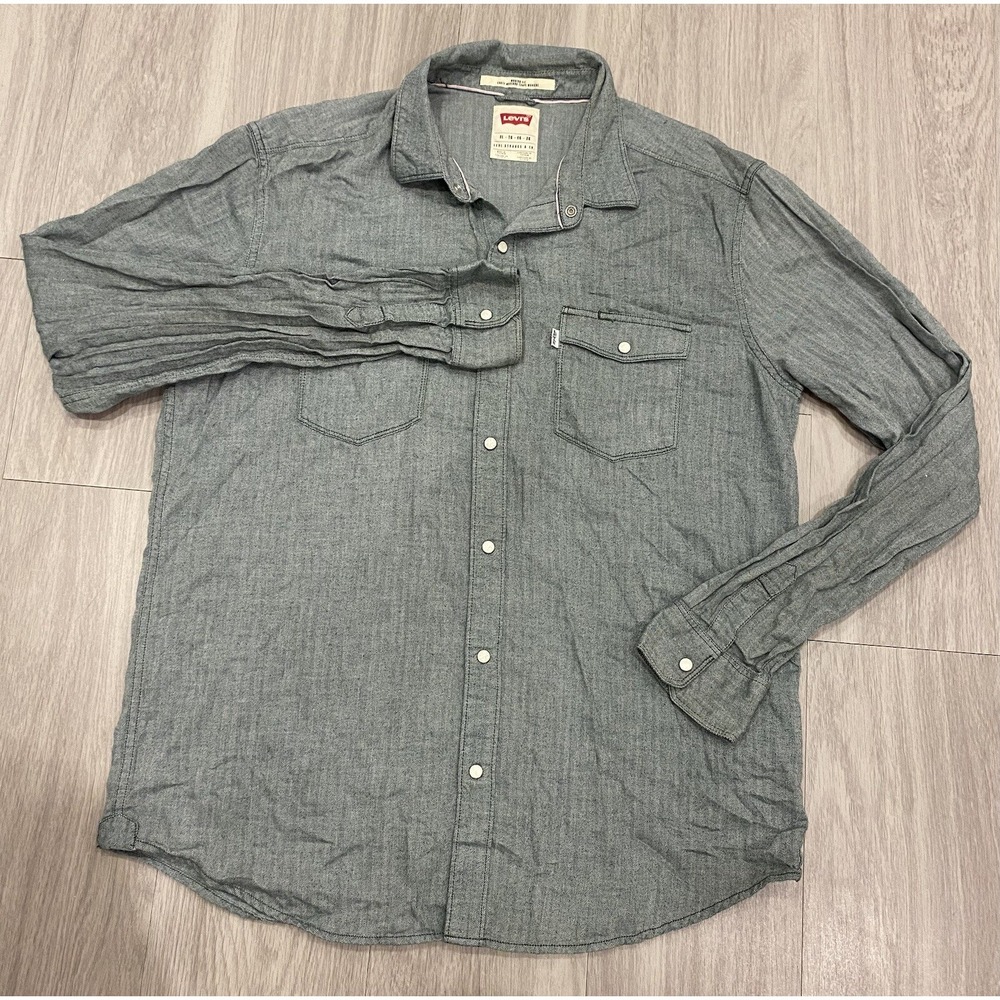 Levi's Shirt Men's Extra Large XL Long‎ Sleeve Pearl Snap Denim Green Soft